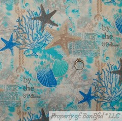 BonEful FABRIC FQ Cotton Quilt Blue Aqua Water Sea Horse World Turtle Beach Fish