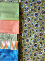 6 Pc Green Blue Orange Ivory Cotton Quilting Coordinates 2.5 Yds+ 1.7 Pds Clean
