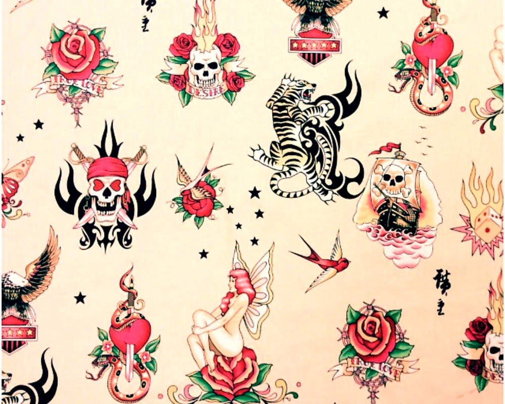 AH295 Skin Deep Tattoos Skulls Tiger Dice Vice Pink COOL Poplin Cotton Fabric