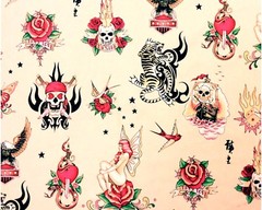 AH295 Skin Deep Tattoos Skulls Tiger Dice Vice Pink COOL Poplin Cotton Fabric