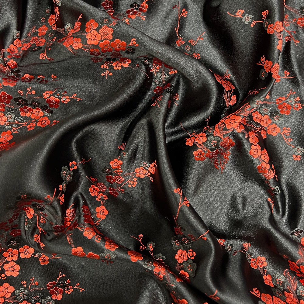 Kori BLACK RED Plum Blossom Floral Brocade Chinese Satin Fabric for Cheongsam/Q