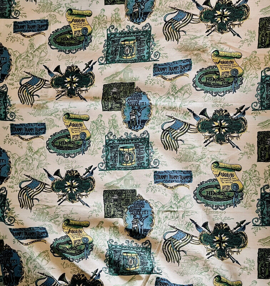 VTG BARKCLOTH Americana Revolutionary War Valley Forge Toile 44″X 3yd+15″