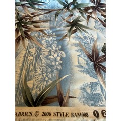 Vintage Hoffman Tropical Scenic Fabric Blue Palm Trees Island Huts 1.5 Yards
