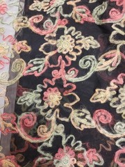Embroidered Black Netting Fabric With Multicolored Wool Thread