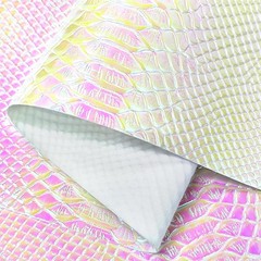 30X135Cm Holographic Crocodile Skin Vinyl, Iridescent White Alligator Faux Leath