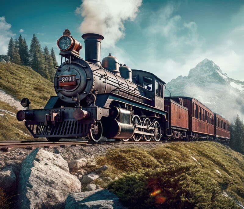 36″ X 44″ Panel The Vintage Line Train Locomotive Cotton Fabric D586.76