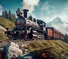 36″ X 44″ Panel The Vintage Line Train Locomotive Cotton Fabric D586.76