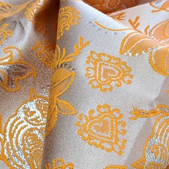 Metallic Brocade Fabric Tangerine Orange Bird Heart Floral 57″ Wide by the Yard