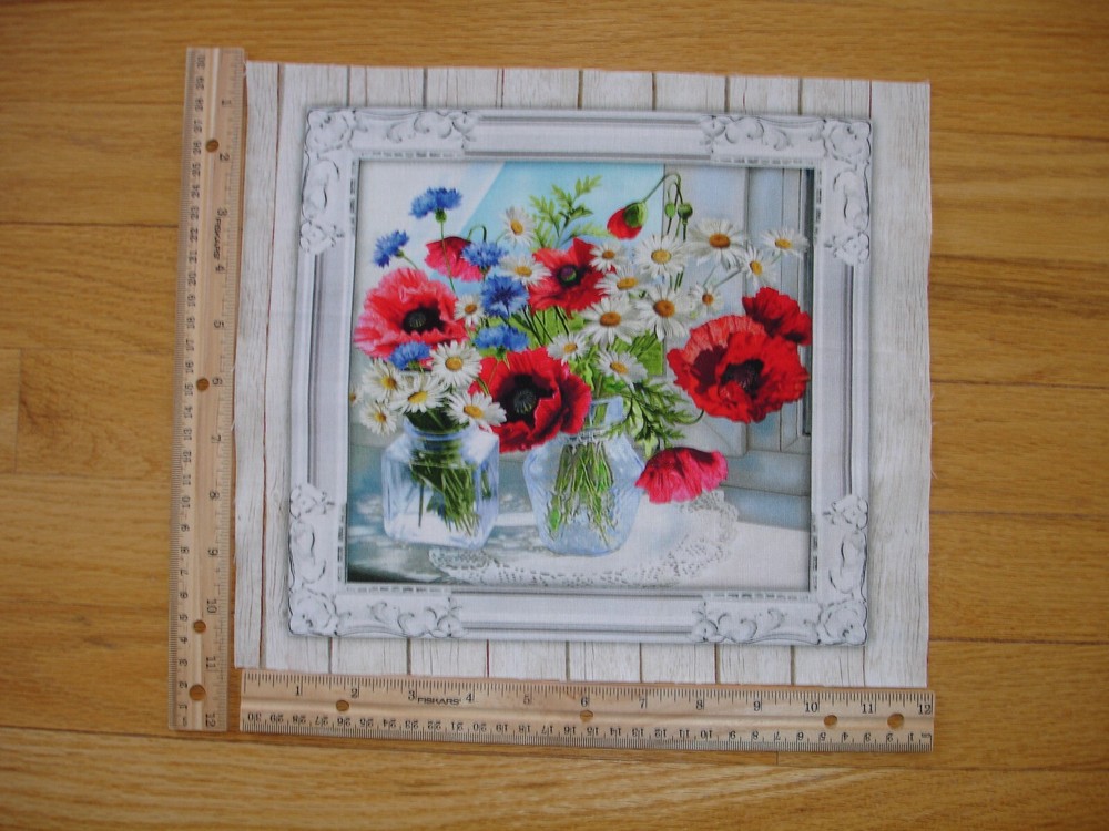 Wildflowers Reds Blues Clear Vases (D) Cotton Quilt Fabric Block 9 1/4″ x 10″