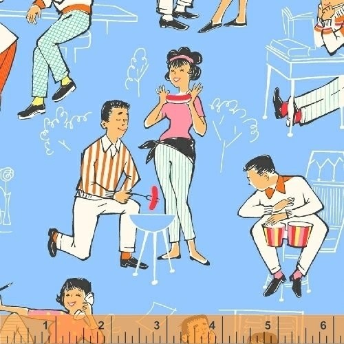 Going Steady Fabric – Mid-Century Dating Activities Blue – Windham YARD