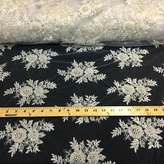 Off White Bridal Viburnum floral Lace Sequin Beaded Scallop Fabric Dress 52″ BTY