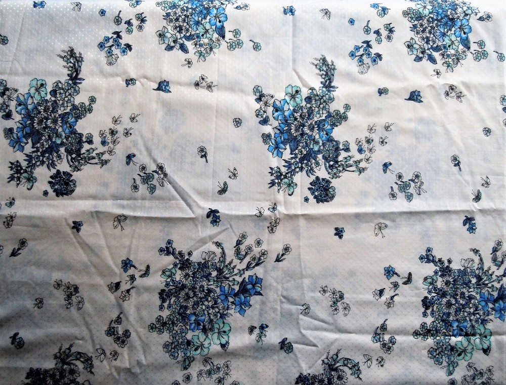 Fabric Blue Floral on White Polyester Clothing Blouse 1 Piece 1.8 Yards X WOF