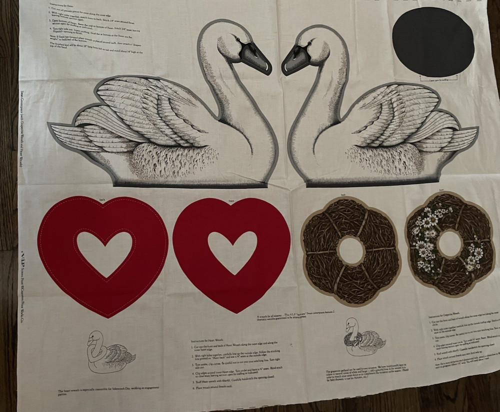 Cut & Sew Swan & Wreath vintage “pillow” cut out fabric Heart & Grapevine
