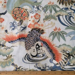 Cranes, Tortoises, on White Japanese Cotton Dobby Shirting w/ Gold Metallic