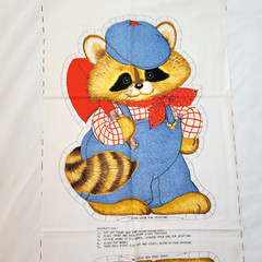 Vintage Spring Mills Raccoon Overalls Pillow Fabric Panel Uncut 12×18 2 Sided