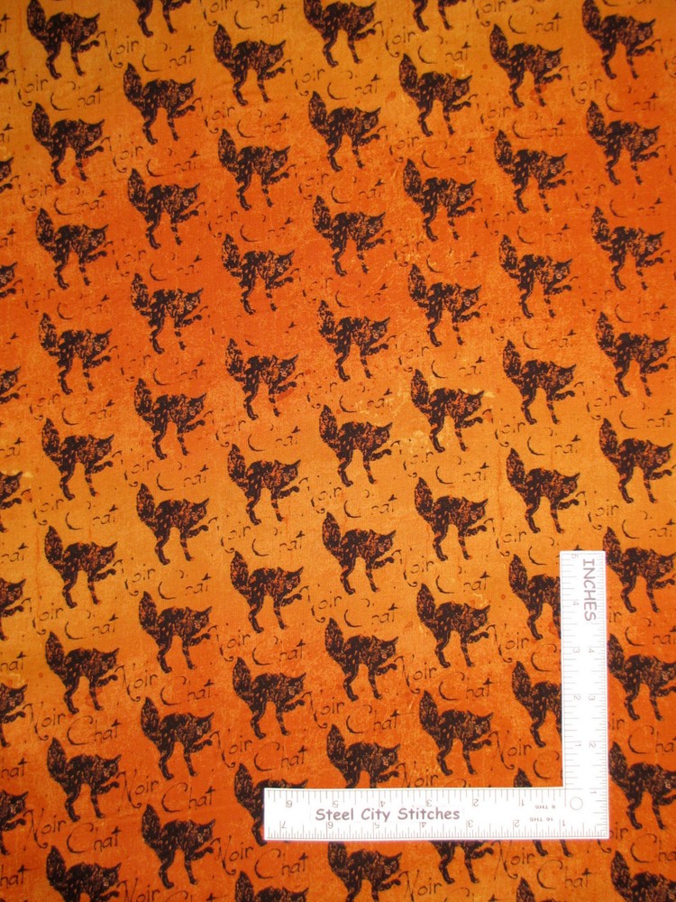 Halloween Black Cat Distressed Look Cotton Fabric Timeless Treasures C3385 Yard
