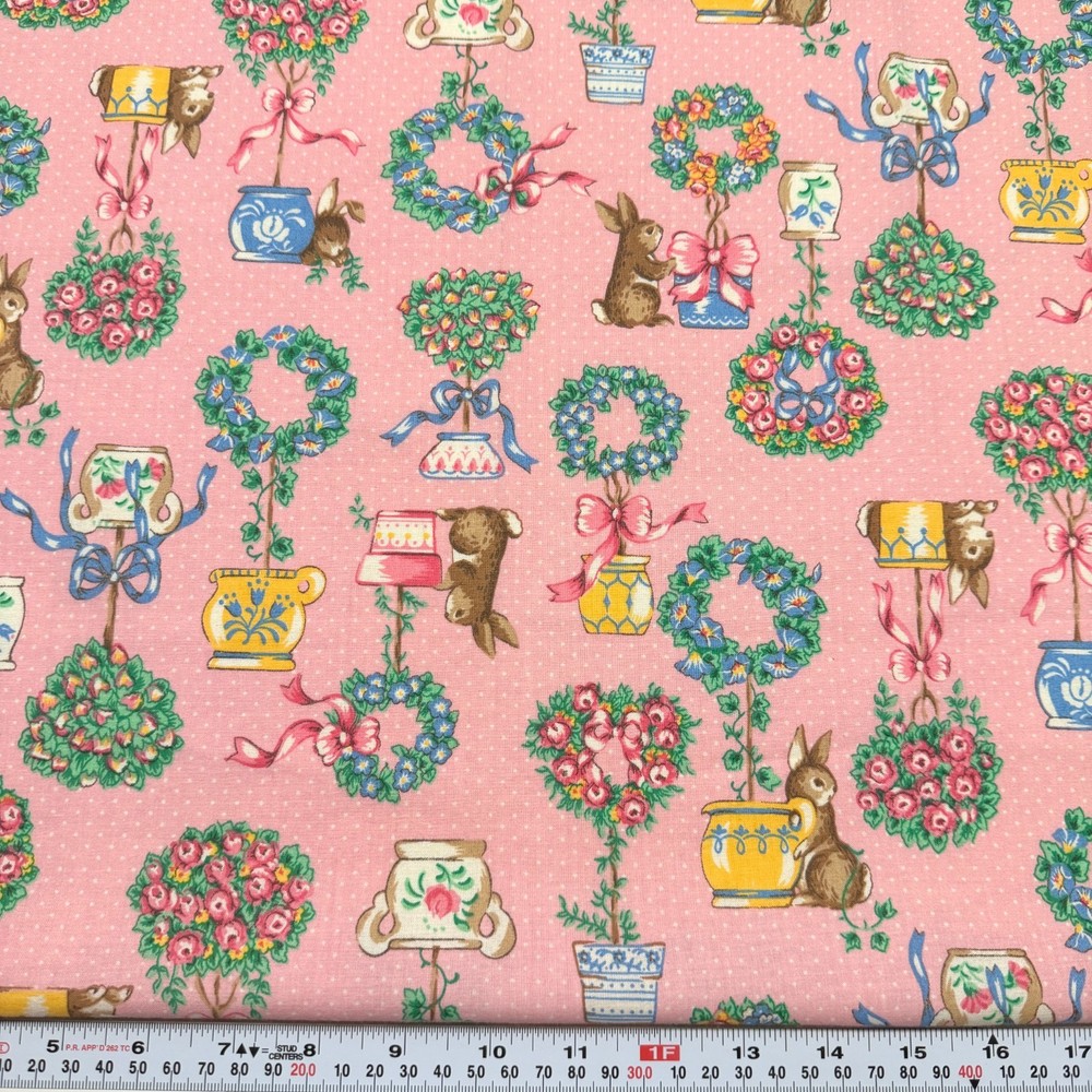 Vintage 1993 Fabric Traditions Bunnies on Pink Cotton Fabric Remnant 23″ x 21″