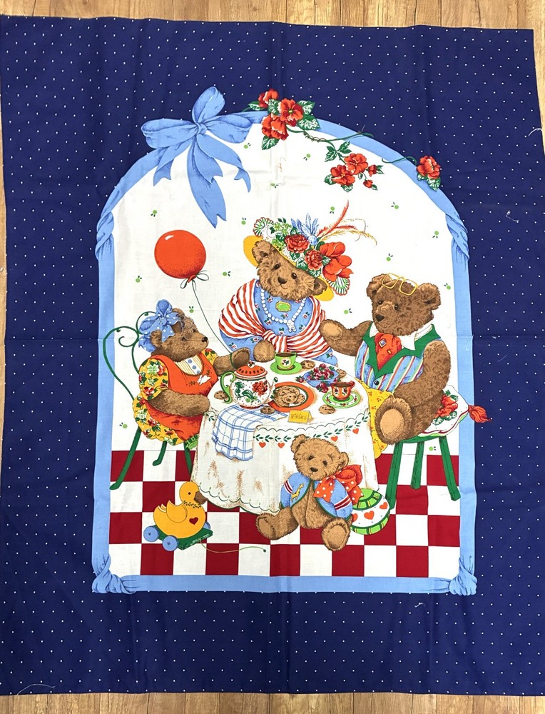 Teddy Bear Quilt Fabric Panel Tea Time 34″ x 48″ New