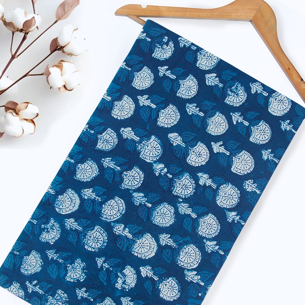 Indigo Blue 100% Cotton Fabric By The Yard Running Craft Sewing Floral Fabric