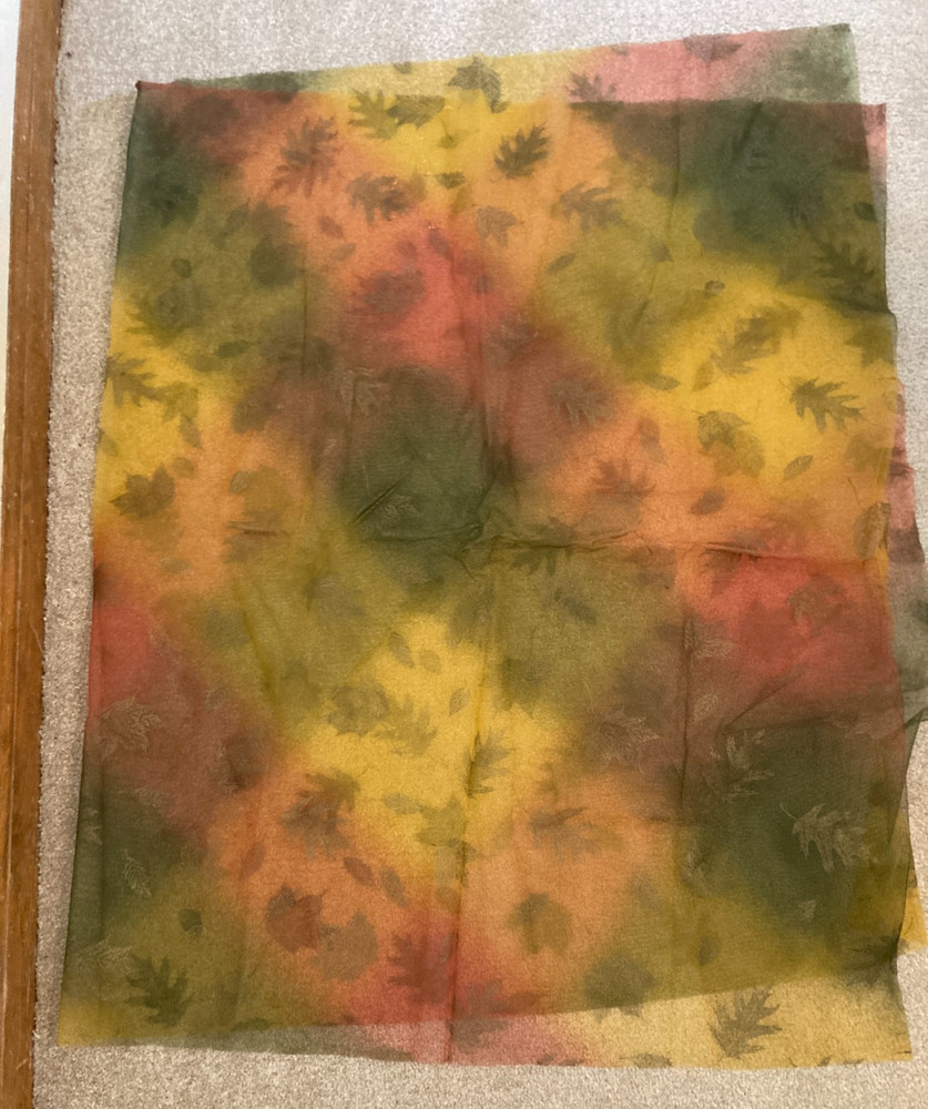 Sheer luminous fabric yellow, green, red gold leaf print 60 in x 1 yard Fall