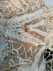 Off White Embroidered Tulle Mesh Fabric 4Yards x 44 Inches for Wedding Dress