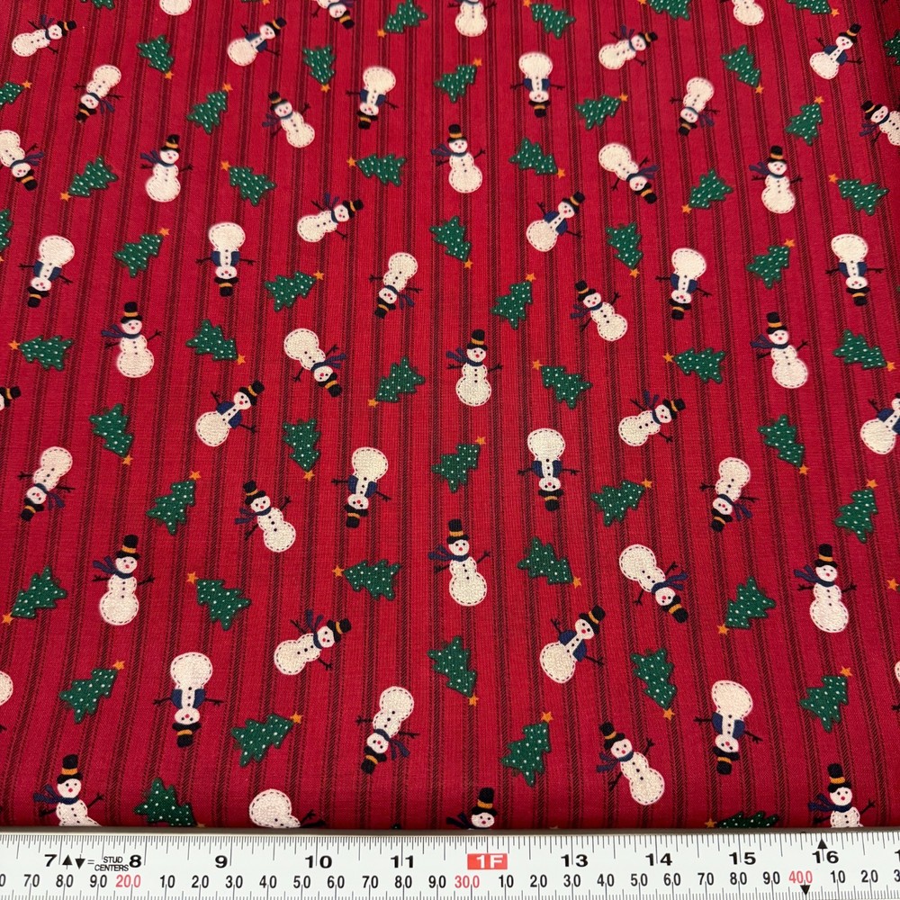 Vtg Cranston Christmas Tree Snowmen Ticking Stripe Red Cotton by the HALF YARD