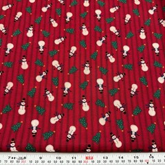 Vtg Cranston Christmas Tree Snowmen Ticking Stripe Red Cotton by the HALF YARD