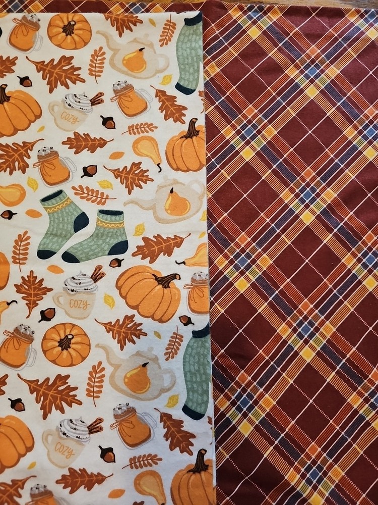 3 YARDS FALL AUTUMN PUMPKIN LEAVES PLAID PRINT FLANNEL FABRIC SEWING QUILT