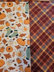3 YARDS FALL AUTUMN PUMPKIN LEAVES PLAID PRINT FLANNEL FABRIC SEWING QUILT