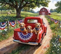 Patriotic Red Truck Roadtrip by Hoffman. Digitally Printed Panel, 36in x 43