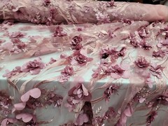 Mauve Bridal 3d Lace Beaded 3d Floral Flowers Satin Embroidered Beads Mesh