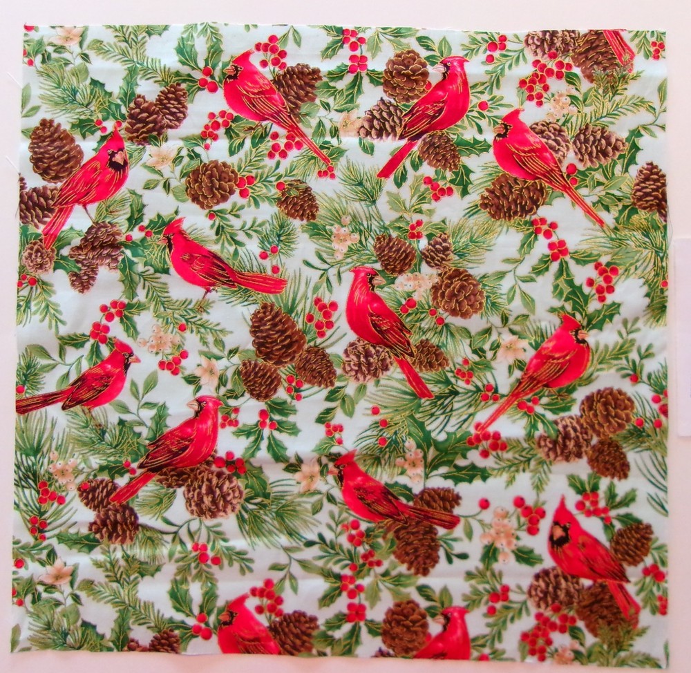 Fabric Cotton Pic A, Cardinals Pinecones Berries Gold HL 13 7/8″ H x 14 1/4″ W