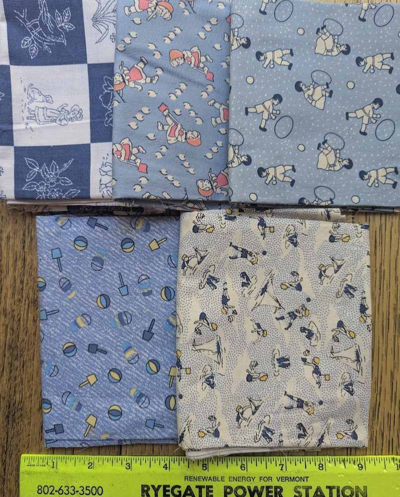 Lot 5 pieces blue juvenile prints 4 FQ’s and 1 half yard, repro 1930’s