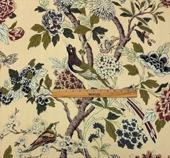 WHIPPOORWILL TAPESTRY BEIGE BIRD FLORAL LINEN FABRIC W/BACKING BY YARD 54″W