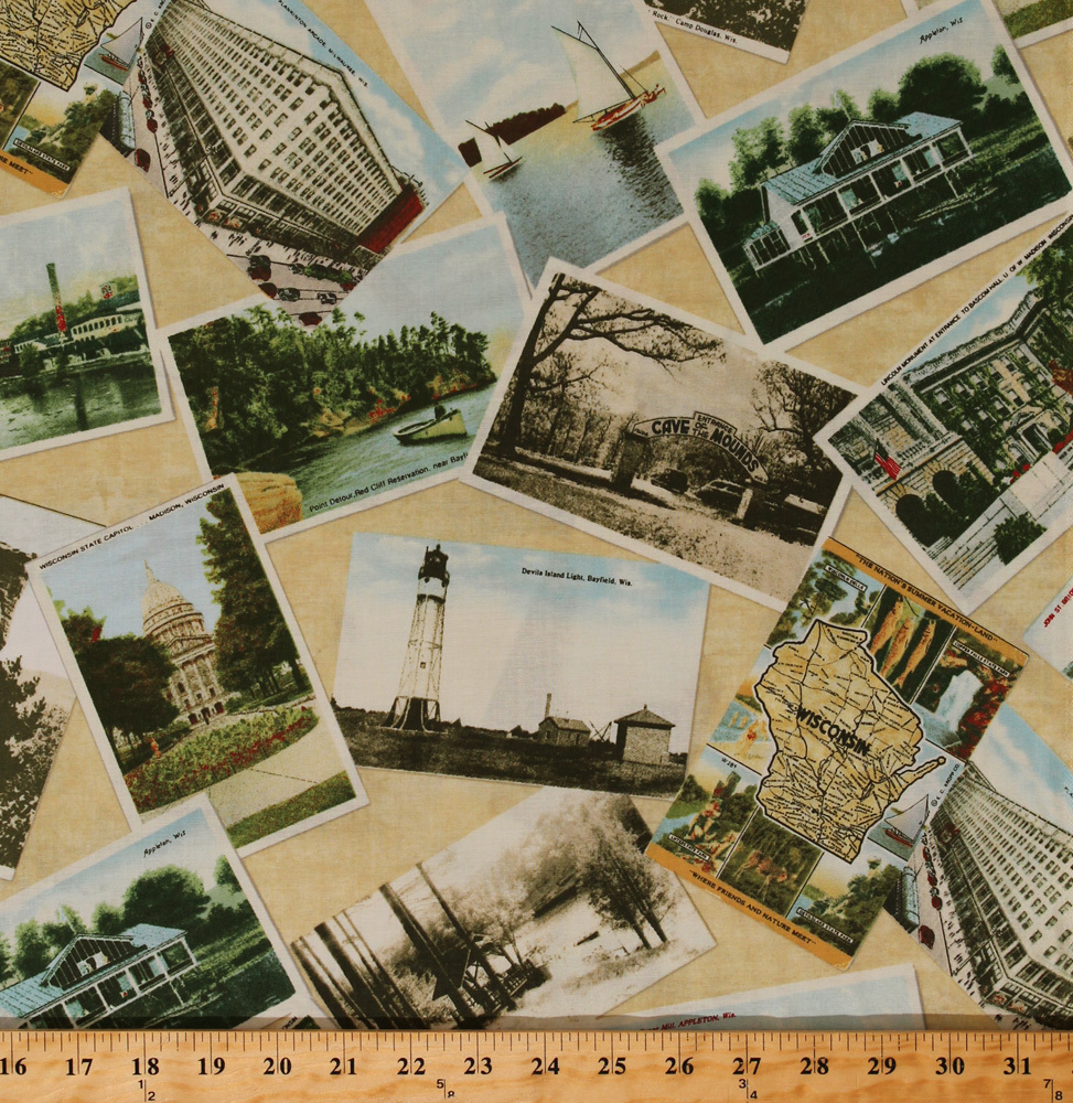 Cotton Wisconsin Postcards Tourists Travel USA Cotton Fabric Print BTY D515.01