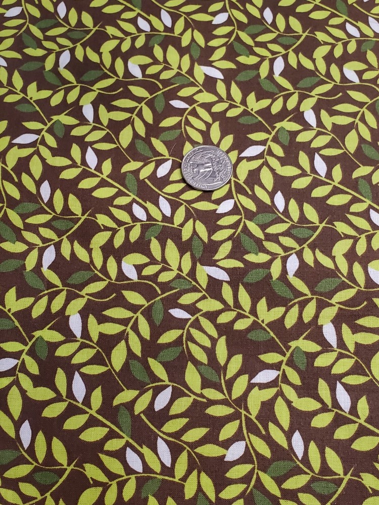 2 Yds Green Trailing Leaves Brown Background Fabric