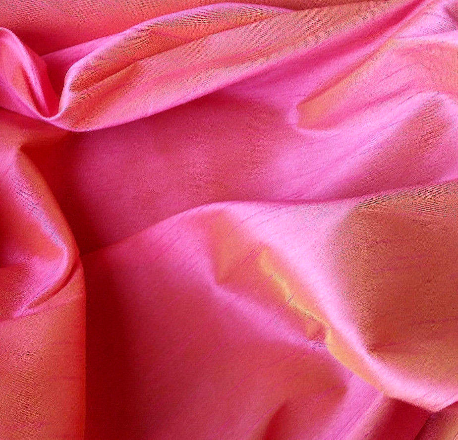 MOROCCAN SUNSET FAUX SILK DUPIONI TWO TONE FABRIC 58″ FUCHSIA YELLOW BY THE YARD