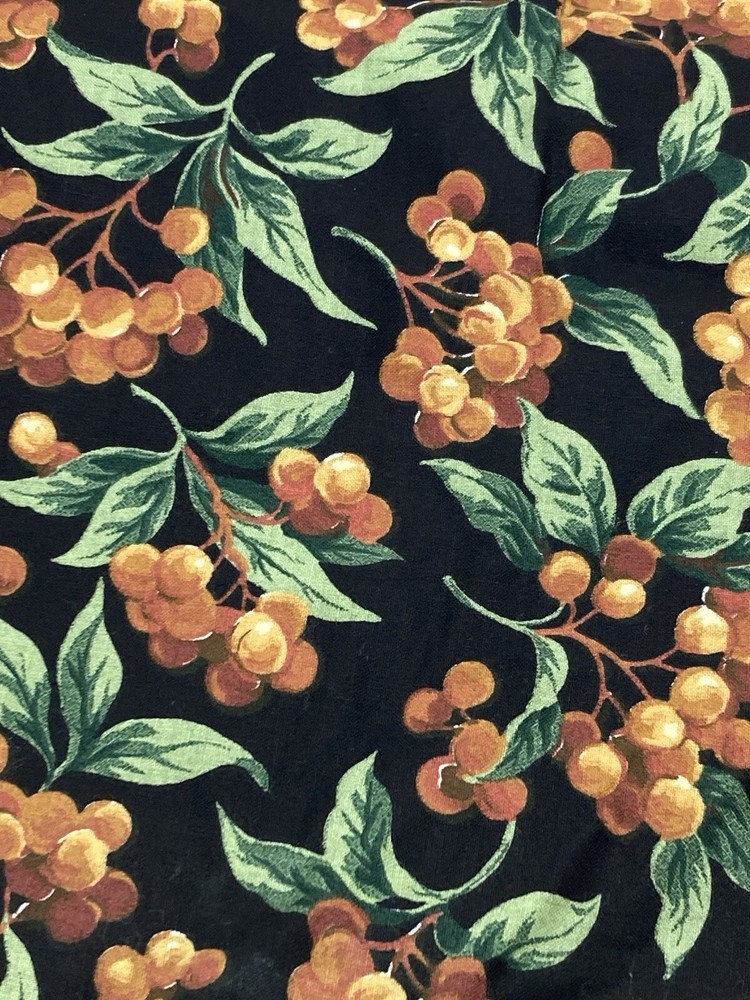 Golden Yellow Berries Green Leaves on Black VTG Concord Fabric 2.5Y x 42″W