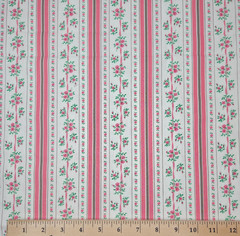Vintage Cotton Fabric Floral Stripe Pink Ribbon White 69″ x 43″ Wide Crisp
