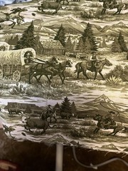 Western Scene Fabric 13” X45 Wagons Horses Cowboys Browns And White