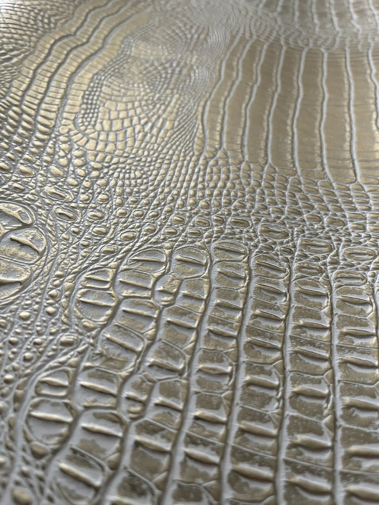 SHIPS FOLDED Vinyl faux Leather Upholstery Alligator WHITE GOLD Metallic 57×52″