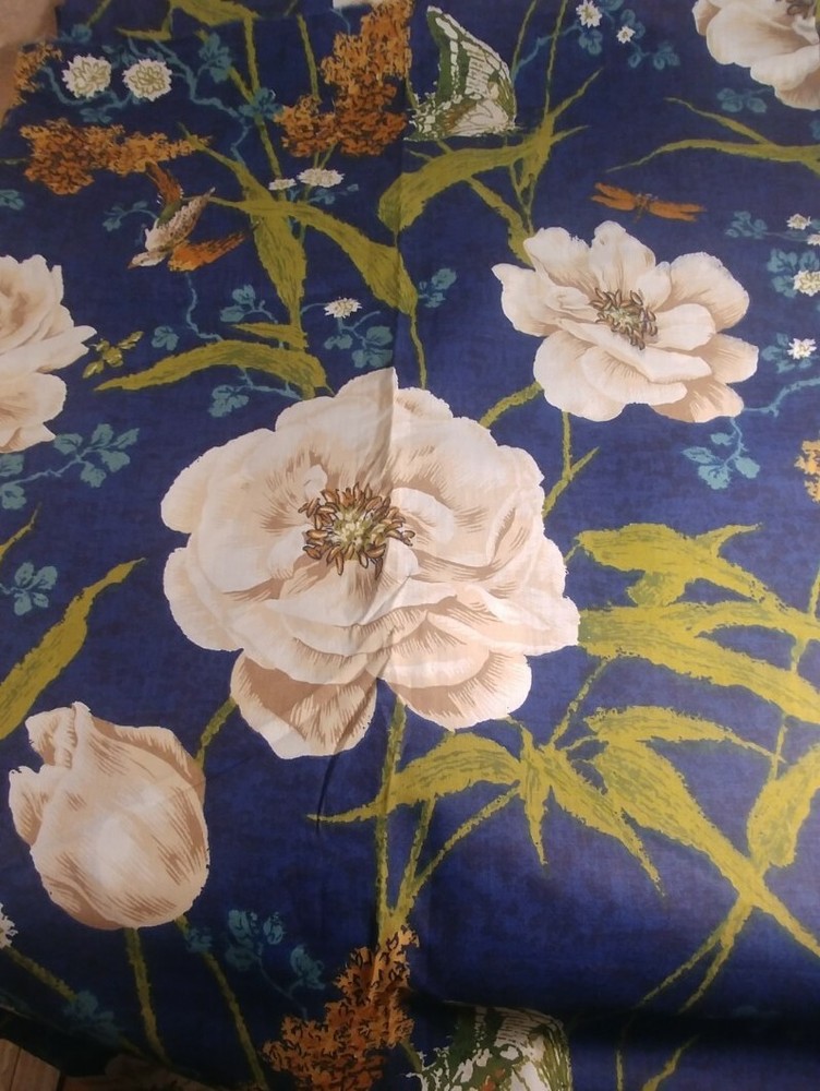 45″ X 1 Yd. Cotton Floral Fabric Blue Multi Birds Dragon Flys Butterflys