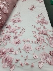 Fabric Sold By The Yard 3d Floral Lace Dusty Rose Embroidery PEARLS Bridal Quinc