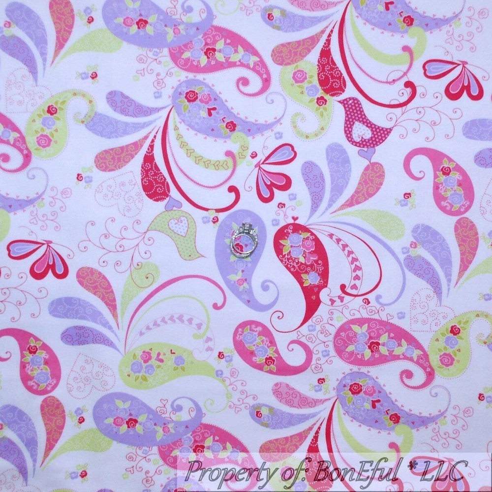 BonEful Fabric FQ Cotton Quilt Flannel White Pink Purple Bird Flower Paisley Dot