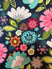 Fabric Lot 2 Yds 18 Ins 42 W Floral Op Art Flowers Home Decor Navy Pink Aqua
