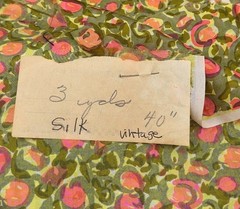 3 yards of vintage silk fabric in colorful green and pink/peach print