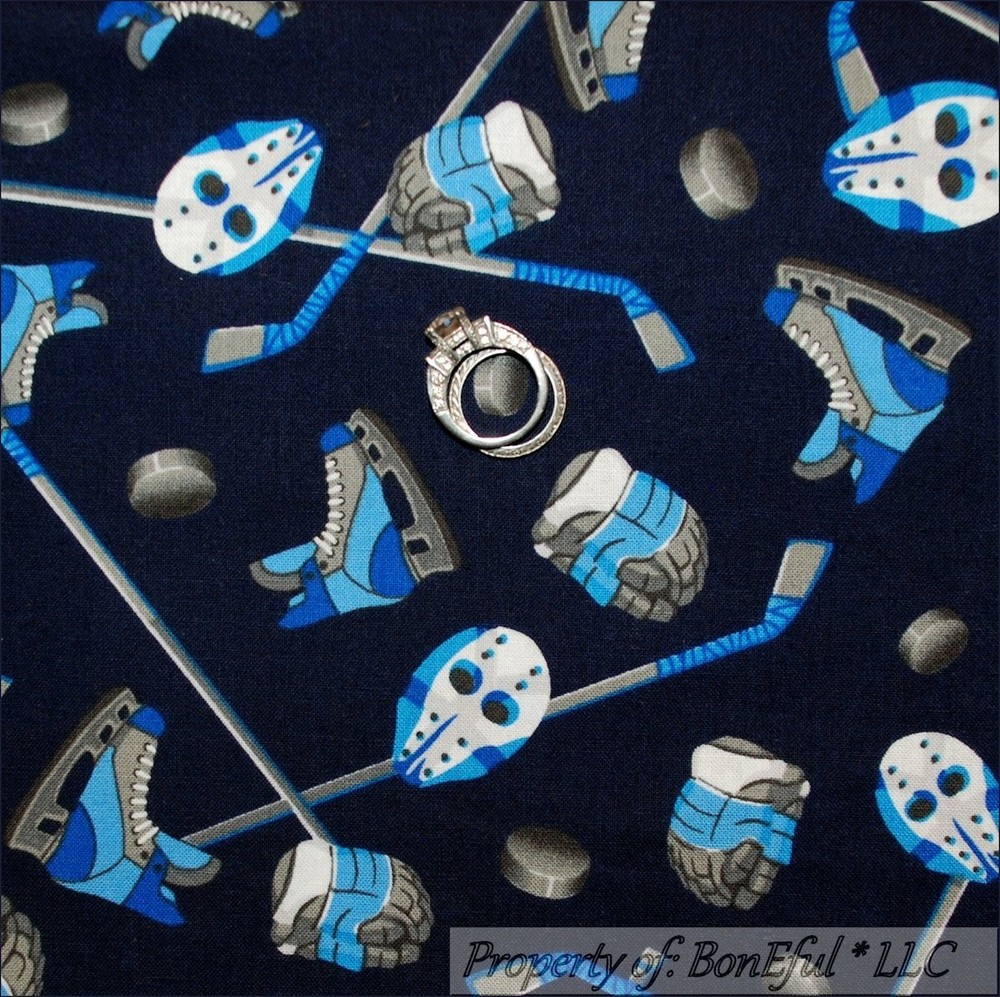 BonEful Fabric FQ Cotton Quilt Boy Ice Skate Hockey Stick Game Winter Sport Mask