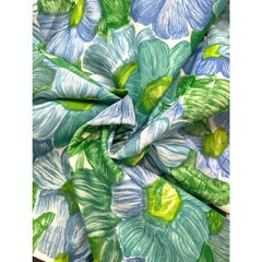 Vintage 60s Flower Print Fabric Green Blue Brushstroke Floral Large Print 4.9 Yd