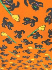 Vintage Wamsutta Halloween Cards Black Cat And Brooms Orange Fabric 1 YD X 44 IN