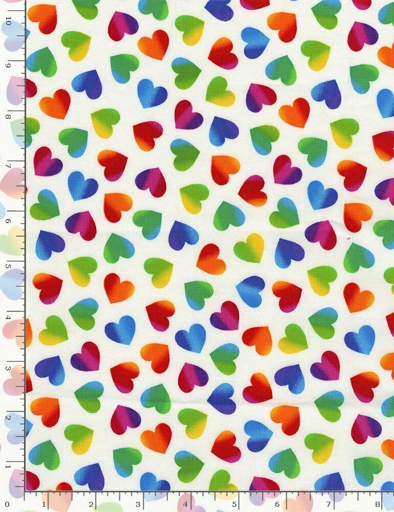 Valentine’s Day Fabric | Rainbow Heart Toss White | Timeless Treasures YARD